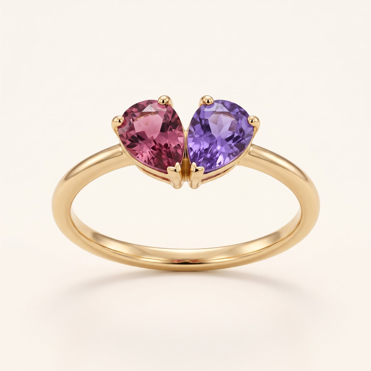 Duo Birthstone Ring with pink tourmaline and amethyst forming a heart