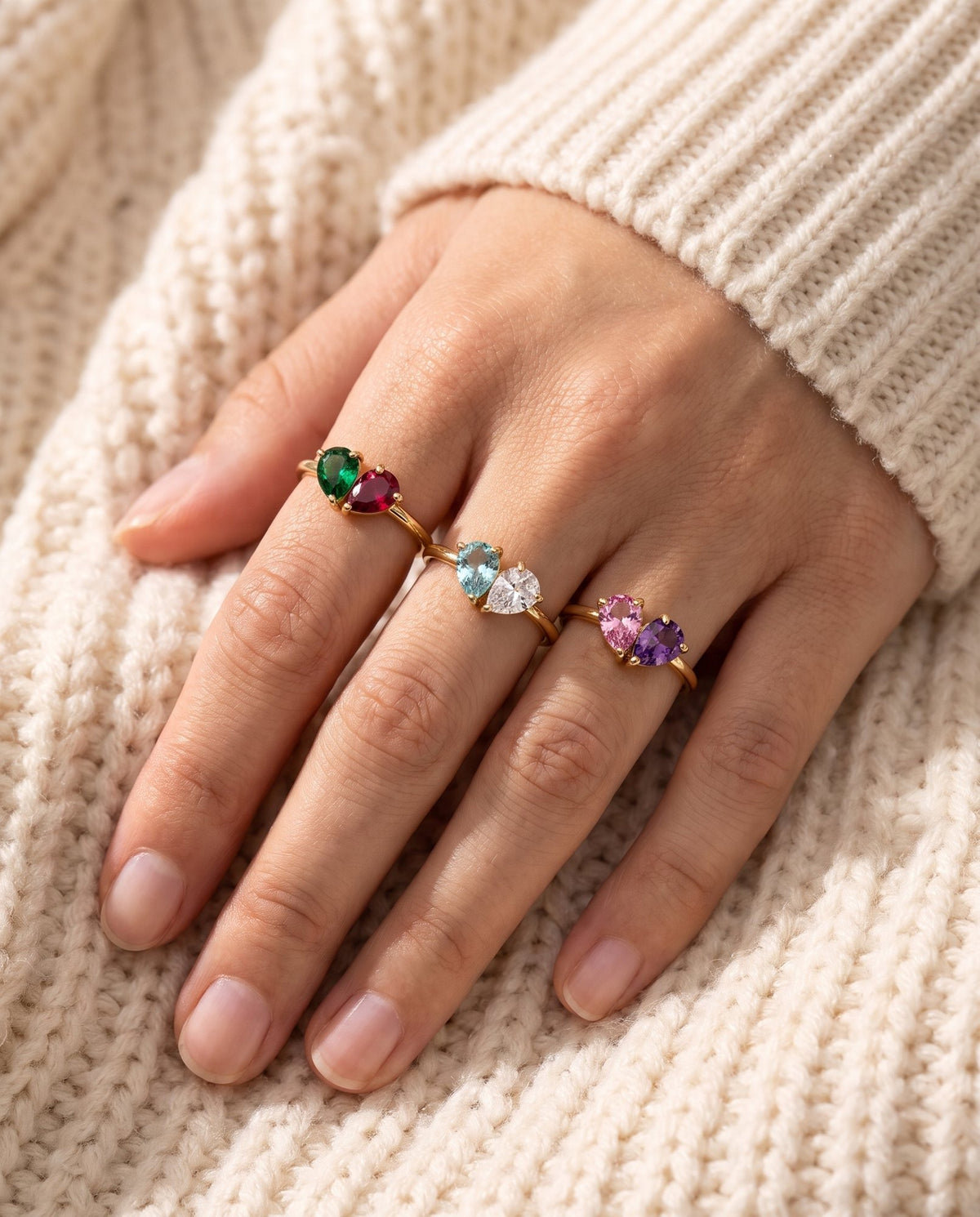 Three Duo Birthstone Rings worn together